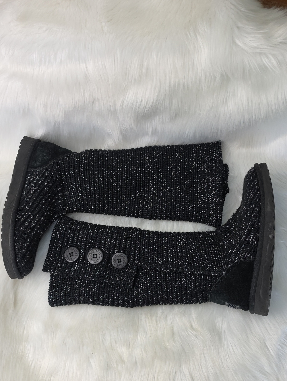 UGG Classic Cardi Black Knit Silver Metallic Tinsel Sweater Slouchy Tall Boots 8 - Picture 2 of 9